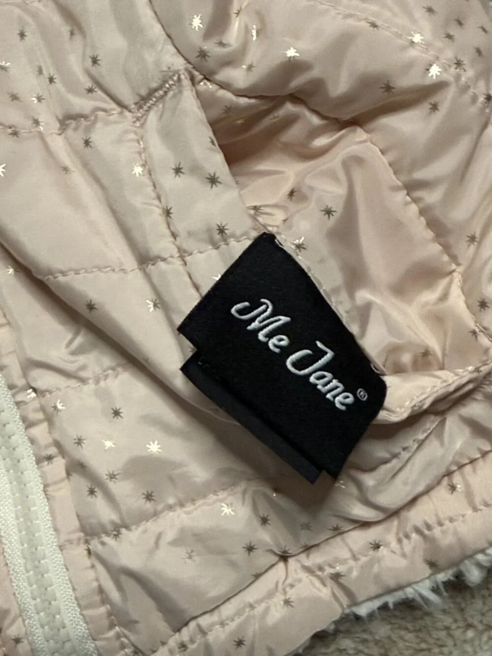 Me Jane reversible puffer jacket girls 5T rose gold sparkly stars faux fur glam